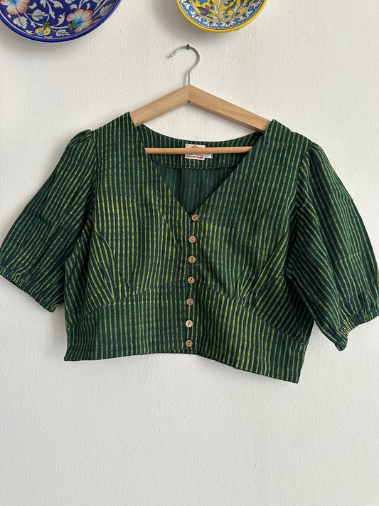 GREEN AKOLA STRIPES AJRAKH COTTON BLOUSE BLOUSE WITH WOODEN BUTTON
