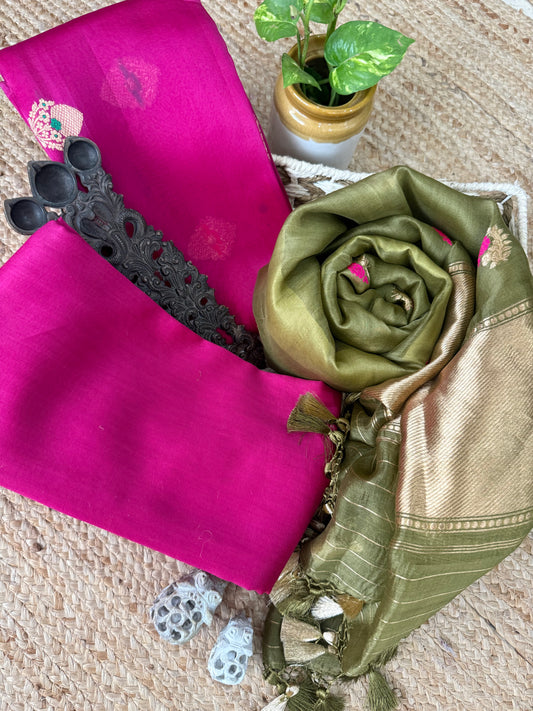 Pink kora silk certified handloom banarsi kadwa booti meenakari three piece suit