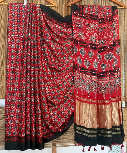 VINTAGE MAROON AJRAKH HANDCRAFTED MIRROR WORK MODAL SILK SARI WITH ZARI PALLU