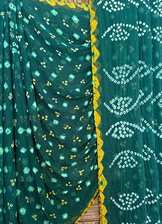 Bottle Green Bandhani handcrafted chiffon sari