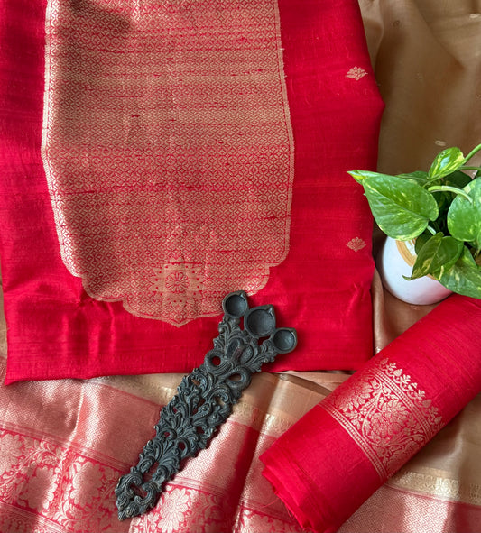 TOMATO PANTONE RAW SILK CERTIFIED HANDLOOM BANARSI KADWA BUTTI WITH WOVEN ZARI THREE PIECE SUIT