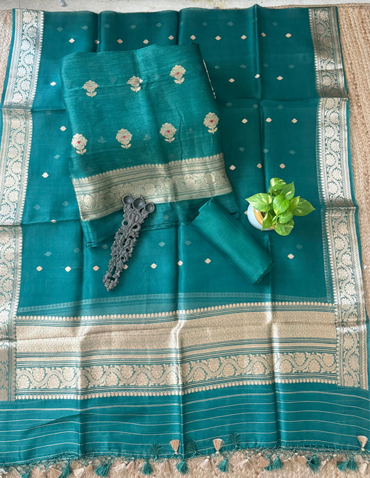 Pine Green Linen handloom banarsi kadwa booti meenakari three piece suit