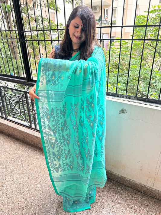 AQUAMARINE BLUE MULL HANDLOOM COTTON JAMDANI WOVEN SARI
