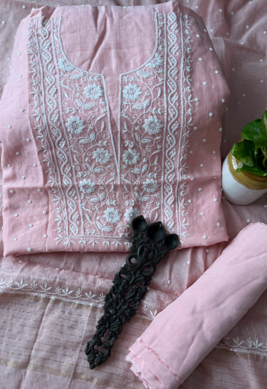 SOFT BLUSH PINK EMBROIDERY PREMIUM MULL CHANDERI LUCKNOWI CHICKENKARI WITH MOTI WORK HAND EMBROIDERY THREE PIECE SUIT