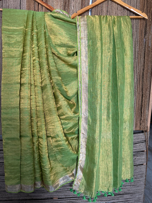 PEAR GREEN GOLDEN METALLIC LINEN SARI WITH WOVEN BORDER ML-9