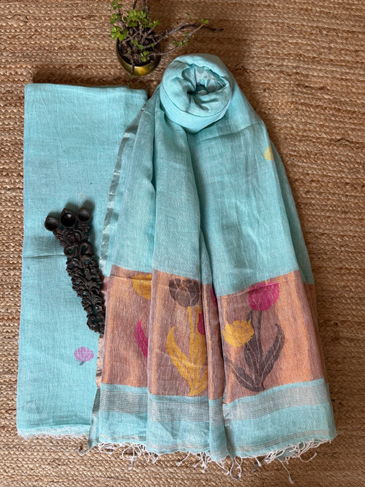 ARCTIC BLUE WOVEN LINEN  KURTA SET LJS- 207