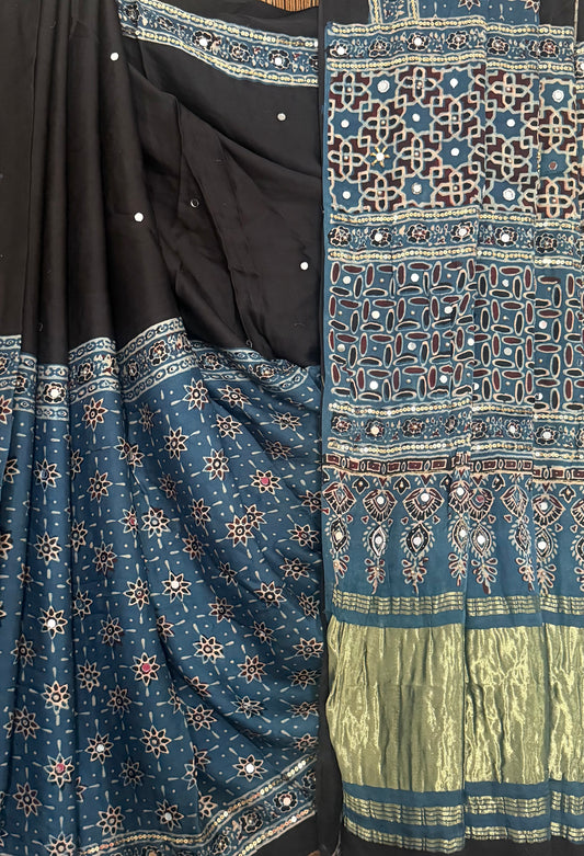 AIR FORCE BLUE AJRAKH HANDCRAFTED MIRROR AND SEQUENCE WORK MODAL SILK SARI WITH ZARI PALLU