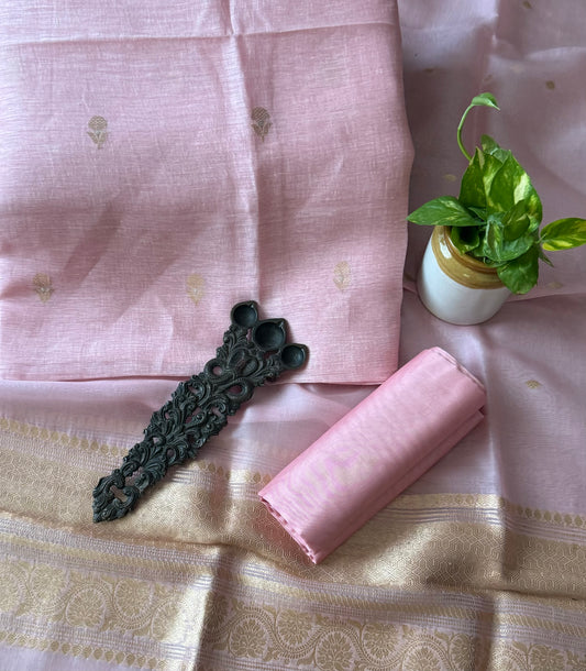 Lemonade Pink Linen handloom banarsi kadwa booti meenakari three piece suit