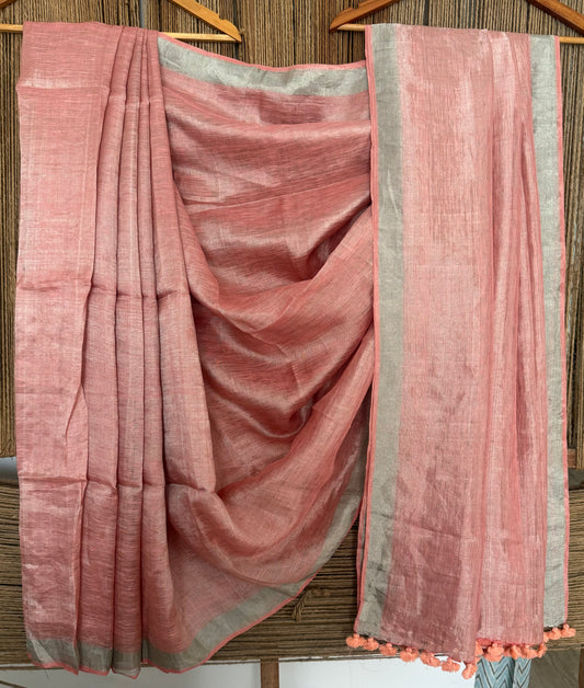 Dusty Rose Pink metallic linen sari with woven border and tassels