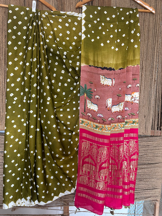 MEHENDI GREEN MODAL SILK BANDHANI SARI WITH PICHWAI PRINT BPS 31