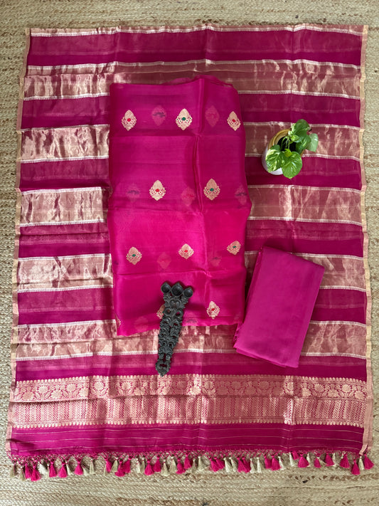 Raspberry Pink kora silk certified handloom banarsi kadwa booti meenakari three piece suit