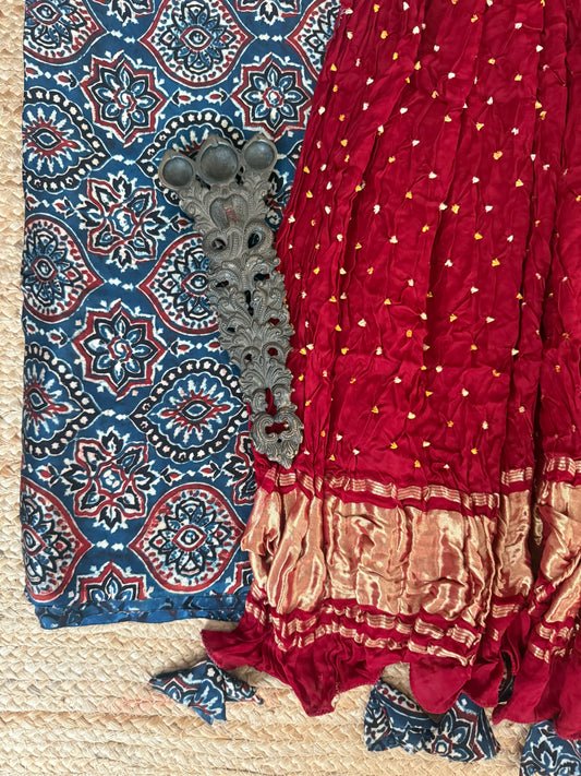 Blue & maroon ajrakh mashru silk kurta with bandhani handcrafted modal silk dupatta