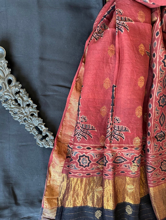 Black modal silk kurta with chanderi coin butti handcrafted chanderi silk dupatta with zari border