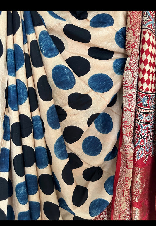 BEIGE POLKA DOT DOLA SILK AJRAKH ZARI BORDER SARI