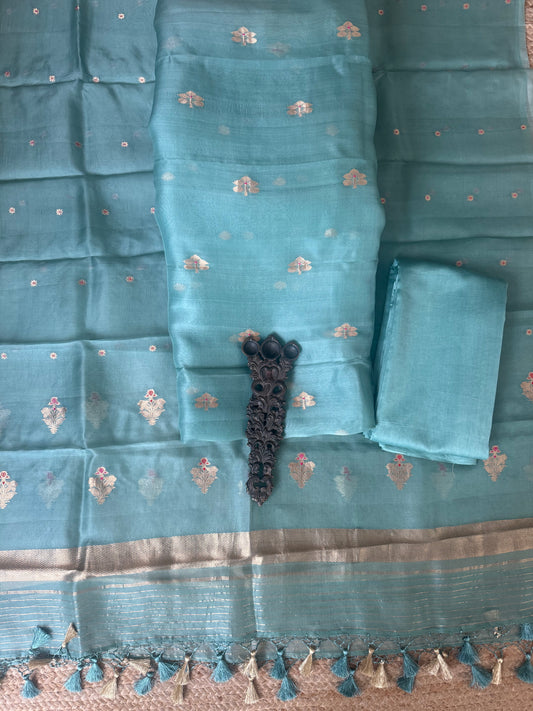 Beach Blue Ombré Shade kora silk certified handloom banarsi kadwa booti meenakari three piece suit