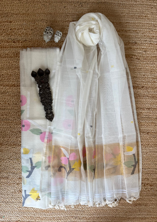 All WHITE HANDWOVEN JAMDANI PURE MUSLIN SILK KURTA SET MJK-105