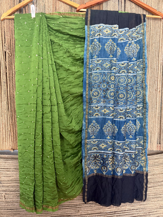 GREEN CHANDERI SILK BANDHANI HANDCRAFTED AJRAKH SARI