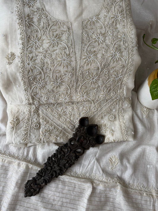 WHITE EMBROIDERY PREMIUM MULL CHANDERI LUCKNOWI CHICKENKARI WITH MOTI WORK HAND EMBROIDERY THREE PIECE SUIT
