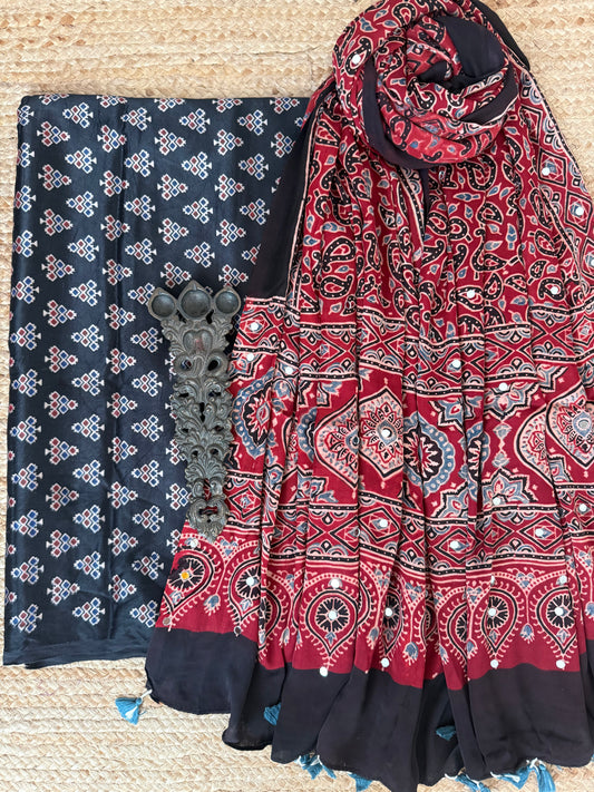 Black Mashru Silk Kurta With Maroon Ajrakh Handcrafted Mirror Work Modal Silk Dupatta