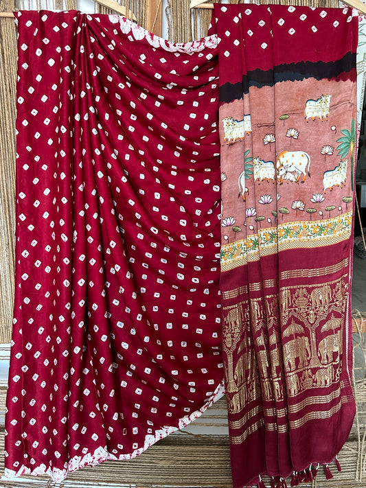 Maroon Modal silk bandhani  handcrafted with Pichwai Print Sari in Nakshi Elephant  Border  BPS 10