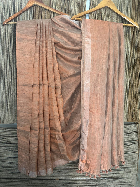 LIGHT SALMON COPPER METALLIC LINEN SARI WITH WOVEN BORDER & TASSELS ML-3