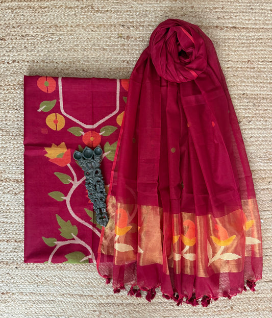 Claret Maroon handwoven jamdani pure cotton silk kurta set mjk-
