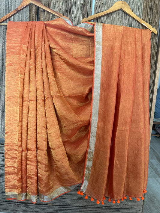 PAPAYA ORANGE GOLD METALLIC LINEN SARI WITH WOVEN BORDER ML-12