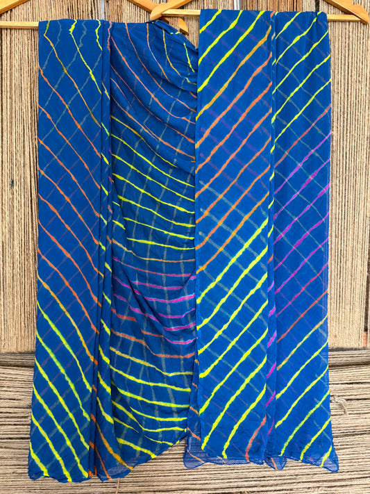 PEACOCK BLUE MULTI LEHERIYA HANDCRAFTED CHIFFON SARI CL -1043