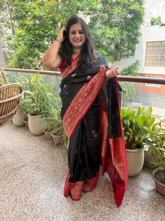 Creen Black Tussar Silk Certified Handloom Banarsi sari With Woven Zari