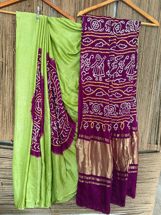 OLIVE GREEN & MAGENTA PURPLE GAJJI SILK RAI BANDHANI CHAKRA THEME GAJJI SARI BS- 206