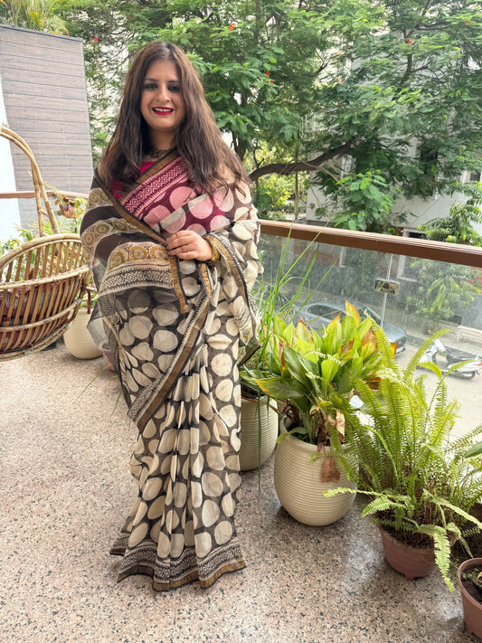 Beige & Black kota doria handblock sari