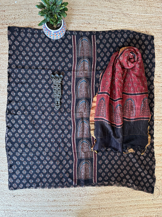 BLACK AJRAKH LINEN SILK HANDBLOCK SUIT SET AL-1094
