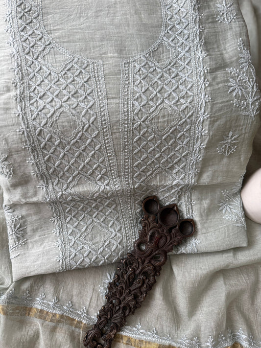 CLAY PREMIUM MULL CHANDERI LUCKNOWI CHICKENKARI HAND EMBROIDERY THREE PIECE SUIT
