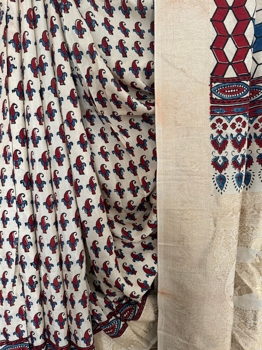 BEIGE GOLDEN DOLA SILK AJRAKH ZARI BORDER SARI
