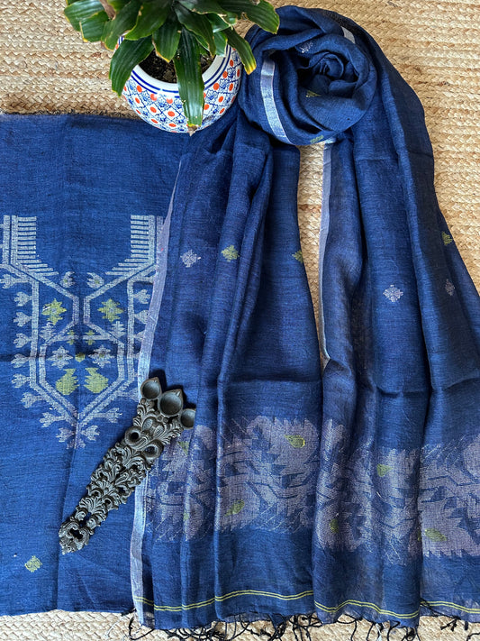 BLUE JAMDANI WOVEN LINEN KURTA SET LJS- 1025