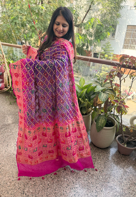 pink & purple ombré shade Handwoven Bareek Bandhani in Meenakari Jaal Premium Georgette dupatta