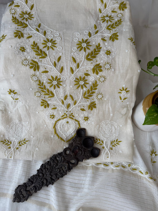 White & green embroidery premium mull chanderi lucknowi chickenkari with moti work hand embroidery three piece suit