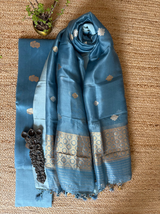 Baby Blue Kora silk certified handloom Banarsi kadwa Booti three piece suit  CBS-6