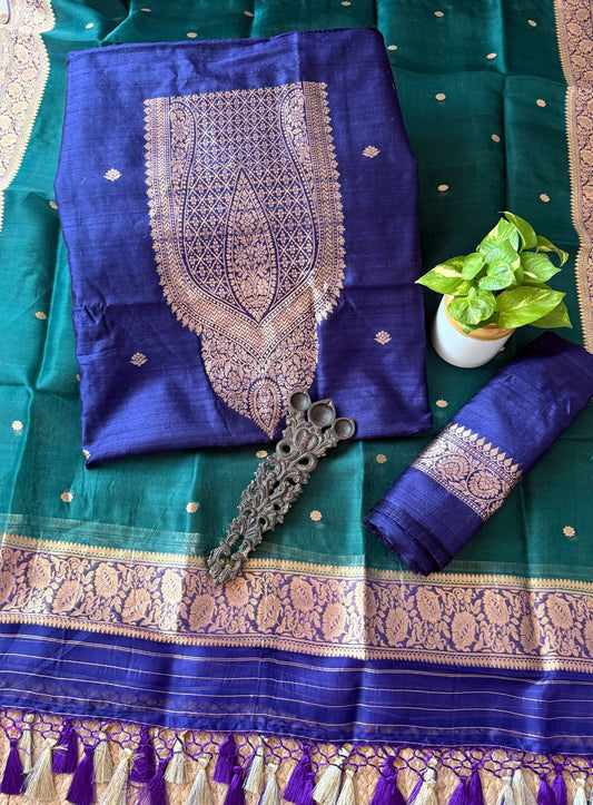 Navy blue raw silk certified handloom banarsi kadwa butti with woven zari three piece suit