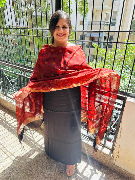 BLACK MODAL SILK KURTA WITH CHANDERI COIN BUTTI HANDCRAFTED CHANDERI SILK DUPATTA WITH ZARI BORDER