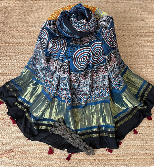 Blue ajrakh silk zari woven dupatta
