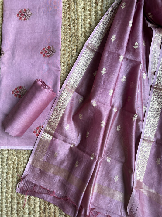 MAUVE PURPLE BANARASI CHANDERI HANDLOOM THREE PIECE SET SUIT