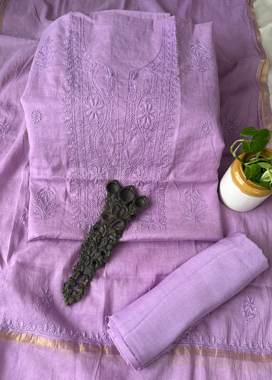 Lavender pink premium chanderi cotton lucknowi chickenkari hand embroidery three piece suit