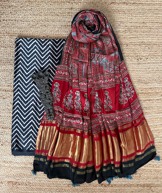 Black Mashru Silk Kurta With Maroon Ajrakh Handcrafted Modal Silk Dupatta