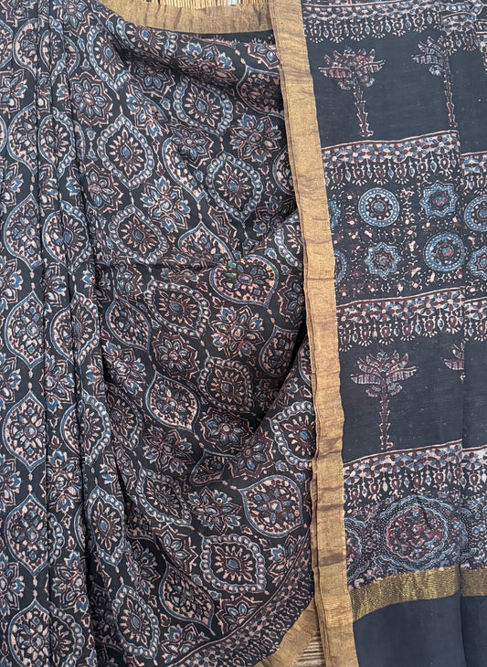 BLACK NATURAL DYE HANDCRAFTED HANDBLOCK AJRAKH LINEN SILK SARI