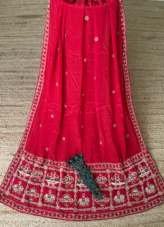 Cherry Red Elephant motif dupatta chinon silk embroidered dupatta