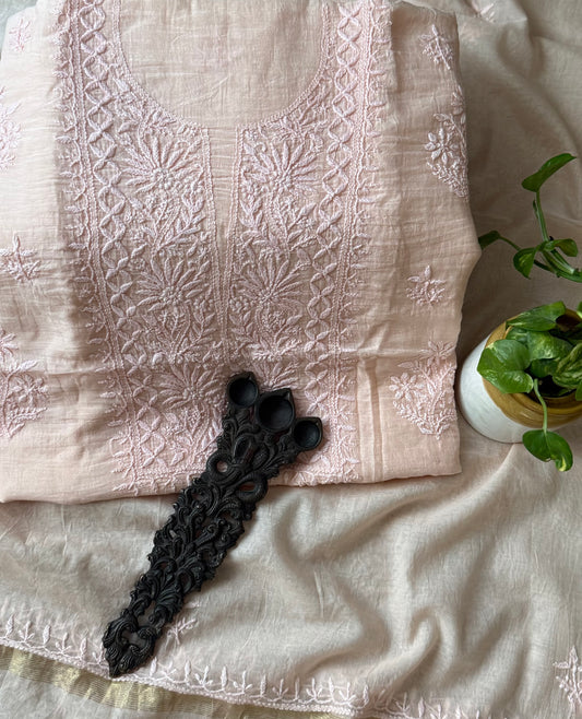 DEEP PEACH PREMIUM MULL CHANDERI LUCKNOWI CHICKENKARI HAND EMBROIDERY THREE PIECE SUIT