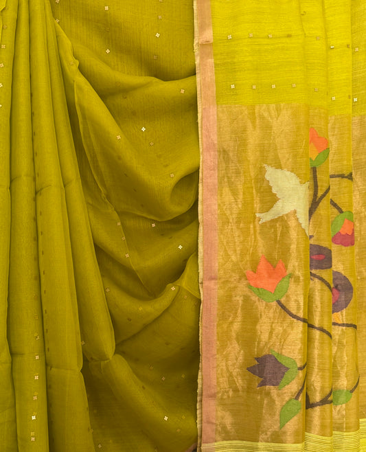 Corn Yellow Jamdani sequence work handwoven pure muslin silk sari With Paithani Jamdani Pallu and Matka Silk Blouse Piece