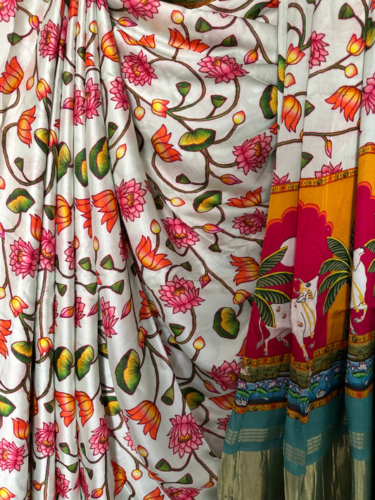 CREAM SKY BLUE  MODAL SILK PICHWAI SARI WITH ZARI BORDER PMS- 1028