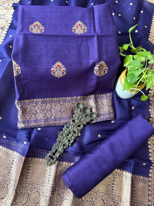 Midnight Purple Munga Silk Meenakari Certified Handloom Banarsi Kadwa Booti Three Piece Suit